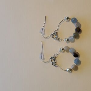 NEW Handmade aquatine calcite & hematite crystal dangle hoop earrings